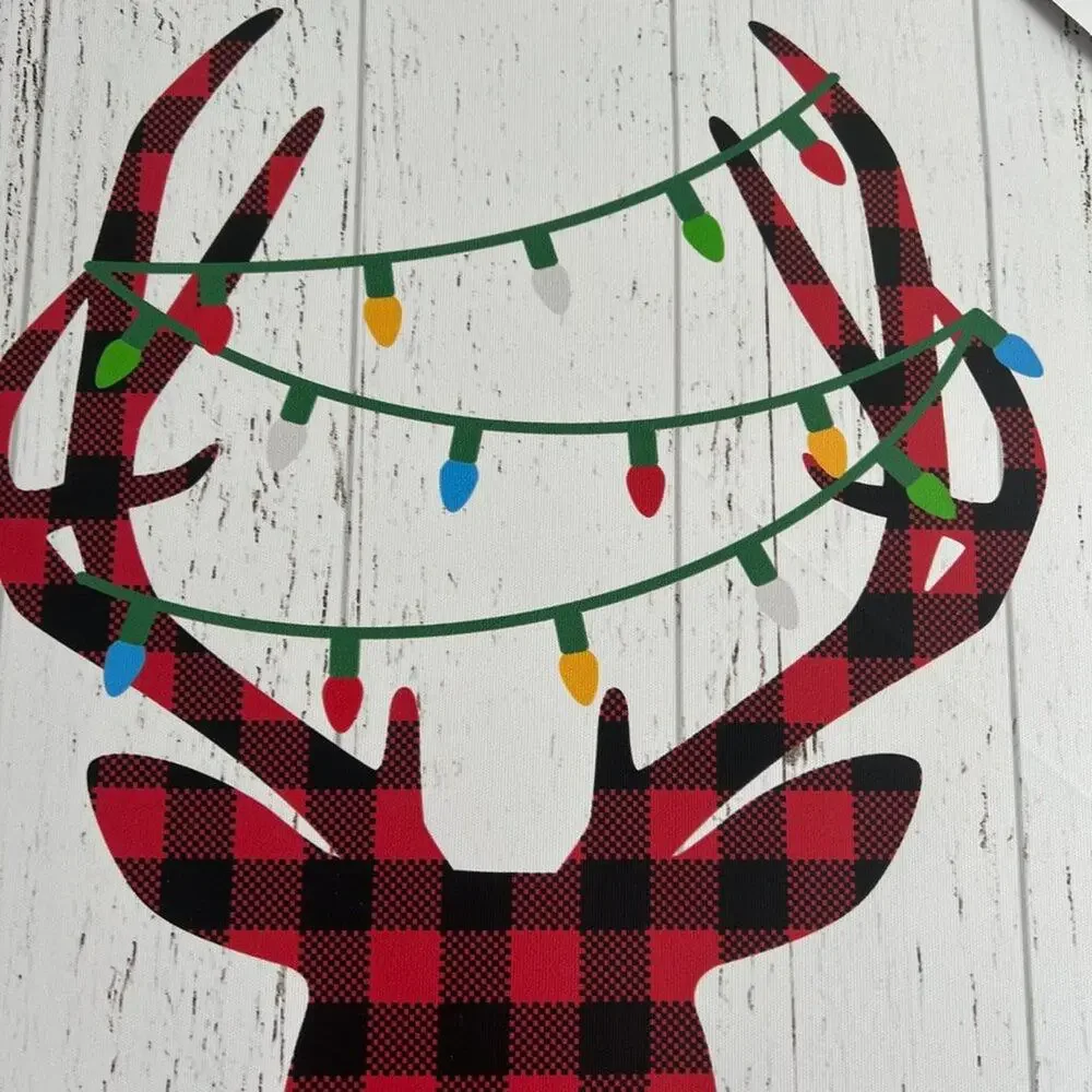 Red and Black Plaid Reindeer With Christmas Light Antlers Wall Art - NWT